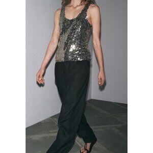 Zara Womens Top Small S Tank Silver Sequined Strappy Sleeveless 1067/004 NWT